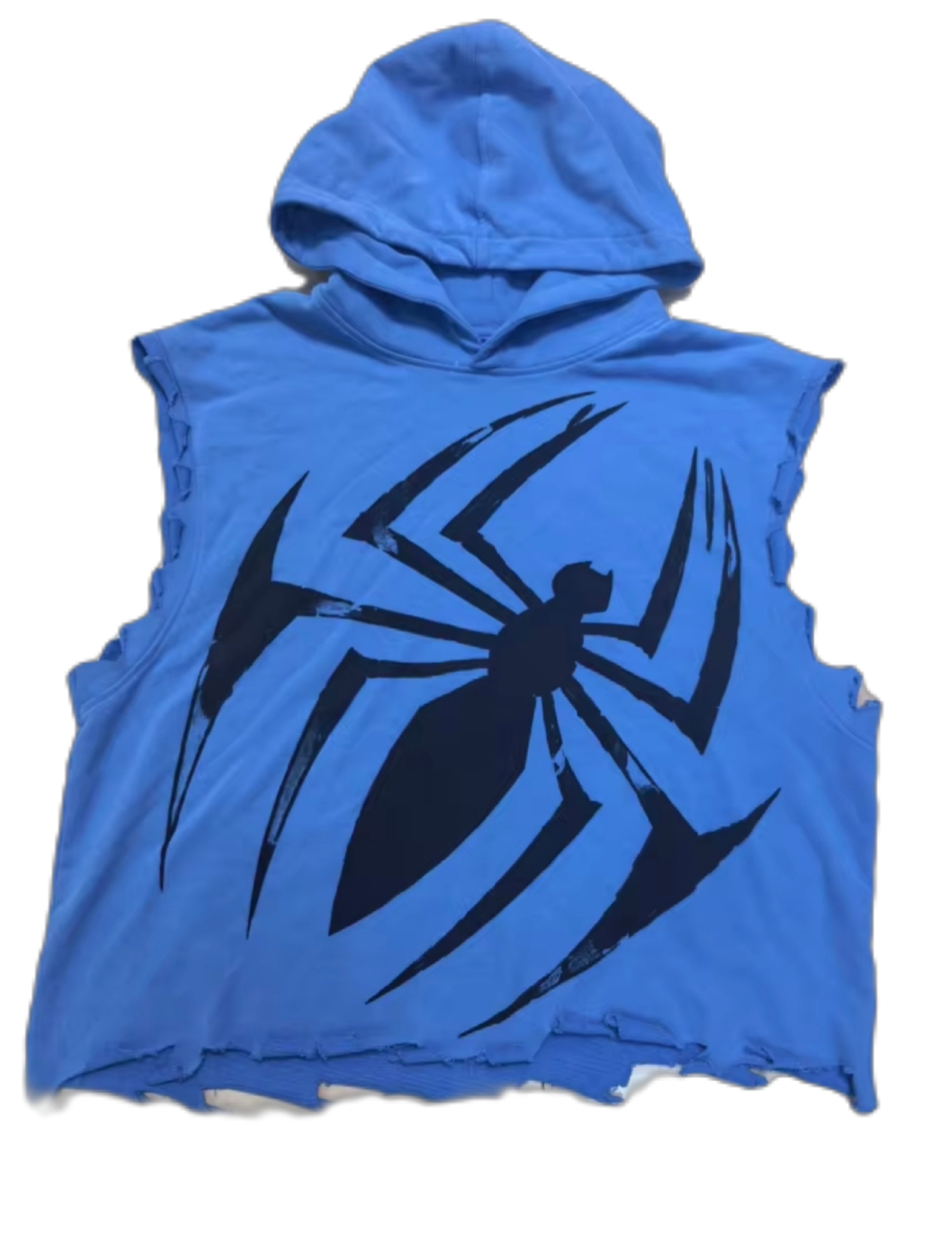 Blue Scarlett sleeveless hoodie with spider print